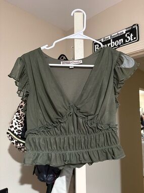 Gypsies & Moondust Olive Ruffle V-Neck Blouse